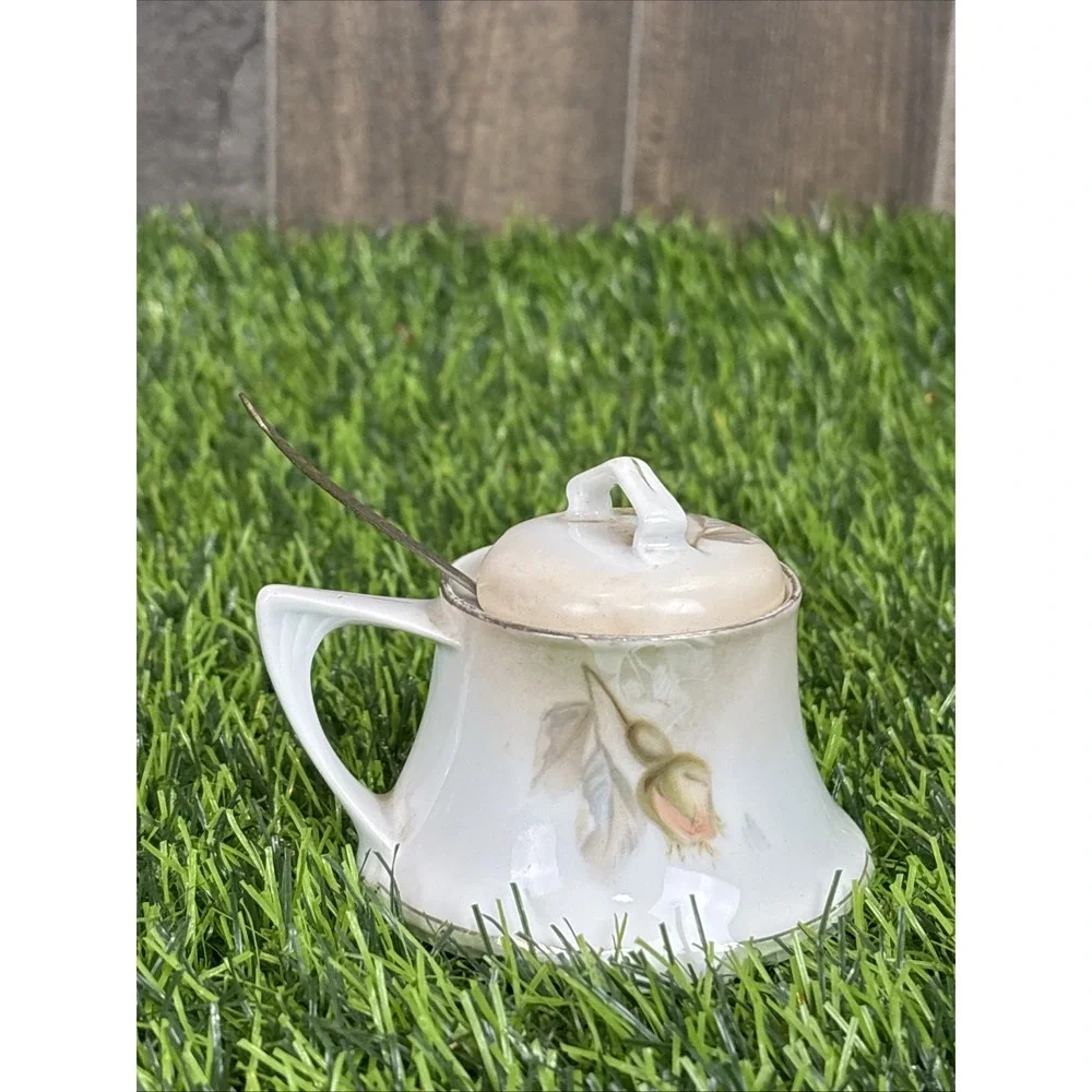 Vintage RS Germany Porcelain Sugar Bowl w Lid Spoon Floral‎ Hand Painted